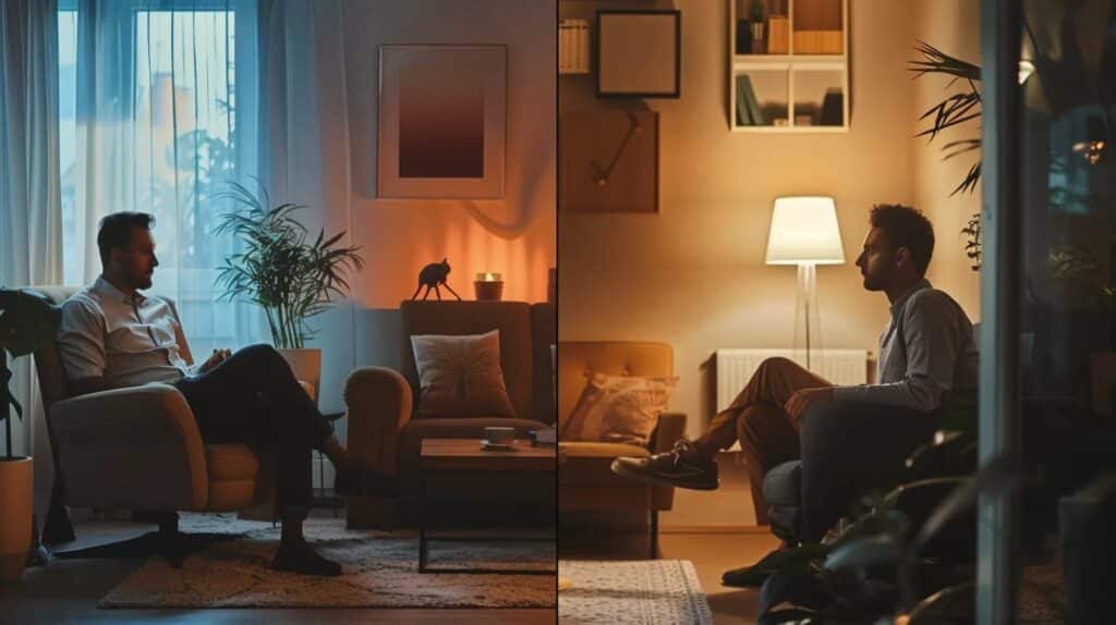 a split-screen image in a modern therapy office, one side showcasing a focused therapist facilitating a cognitive behavioral therapy session with structured notes and visual aids, while the other side depicts a traditional counselor engaging with a client in a warm, intimate setting, surrounded by personal mementos and soft lighting, illustrating the contrasting approaches to addiction treatment.